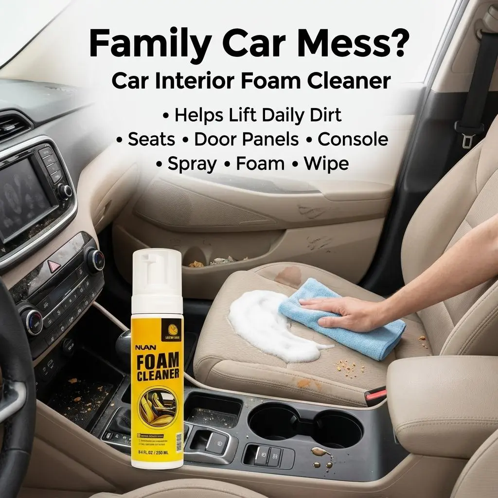 NUAN multi-purpose cleaning spray foam cleaner all purposeNUAN Foam Interior Cleaner – Safe for Car Interiors, Plastic & Leather, Water-Free Spray Wipe, Powerful Stain Removal, Non-Damaging Non-Ionic Formula, Forms Protective Layer for Lasting Shine