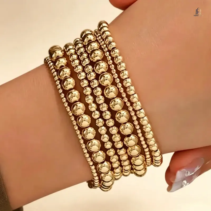 Women's 7-Pcs Gold-Toned Boho Stackable Beaded Bracelet Set, Stretchy Mixed Beads Stacked Design Bangles, Stainless Steel Trendy Jewelry for Daily Styling, Birthday Gifting