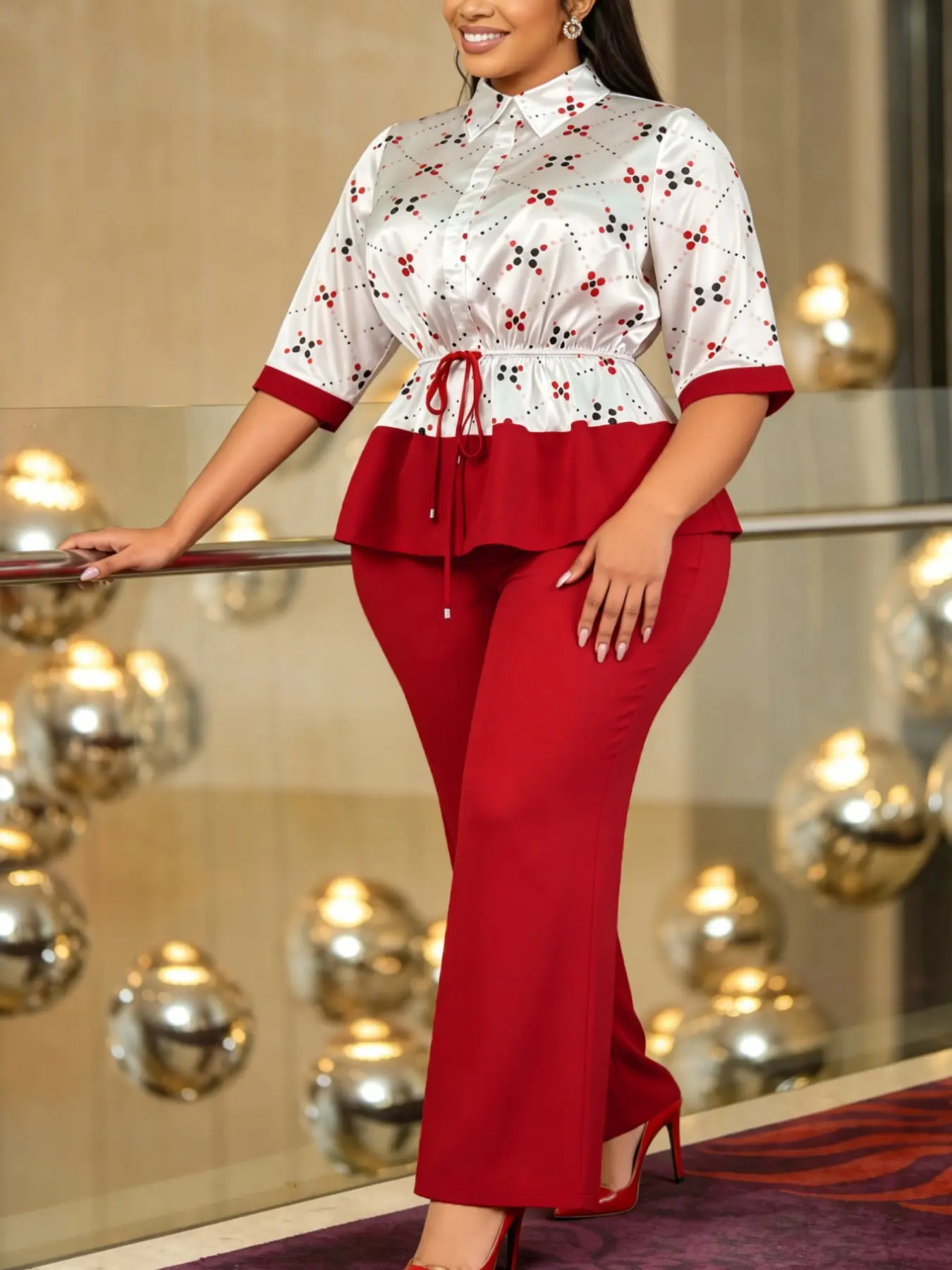 Plus Size Women Elegant Two Piece Pant Set Suits Lapel Three Quarter Sleeves Color Block Print Peplum Top High Waist Wide Leg Trousers Office Wedding Guest Church Party Spring Summer Outfits