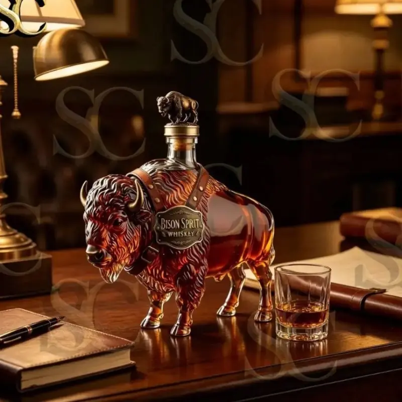 Stunning 3D Bison Hand Blown Premium Glass Liquor Bottle 350ML, Bison Lid, Upgrade Your Home Bar, Perfect Gift for Him, Unique Decorative Piece, Glassware