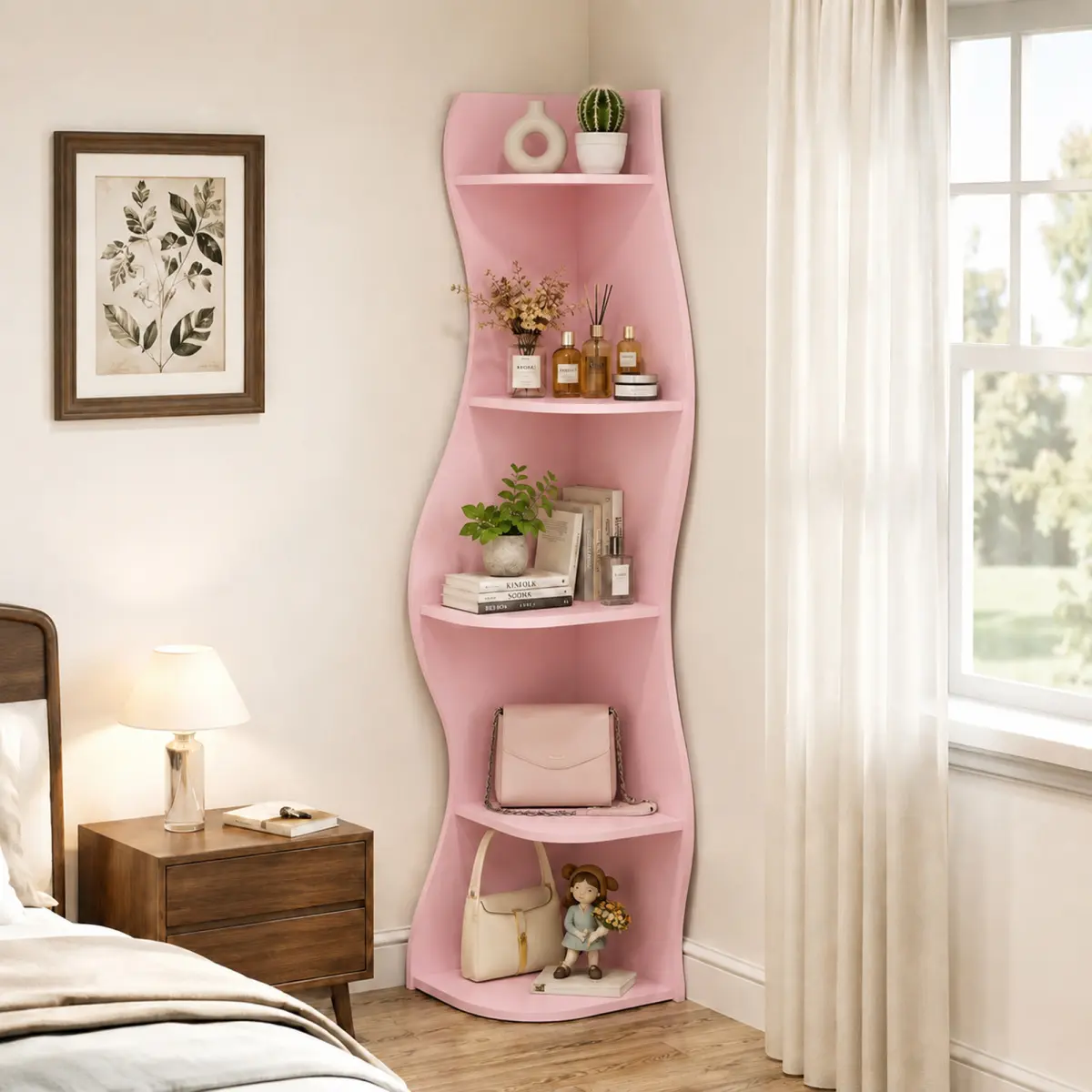Corner Shelf, Modern 5-Tier Bookshelf Bookcase with Curvy Shape, Unique Plant Stand Display Rack for Living Room Small Space (Pink)