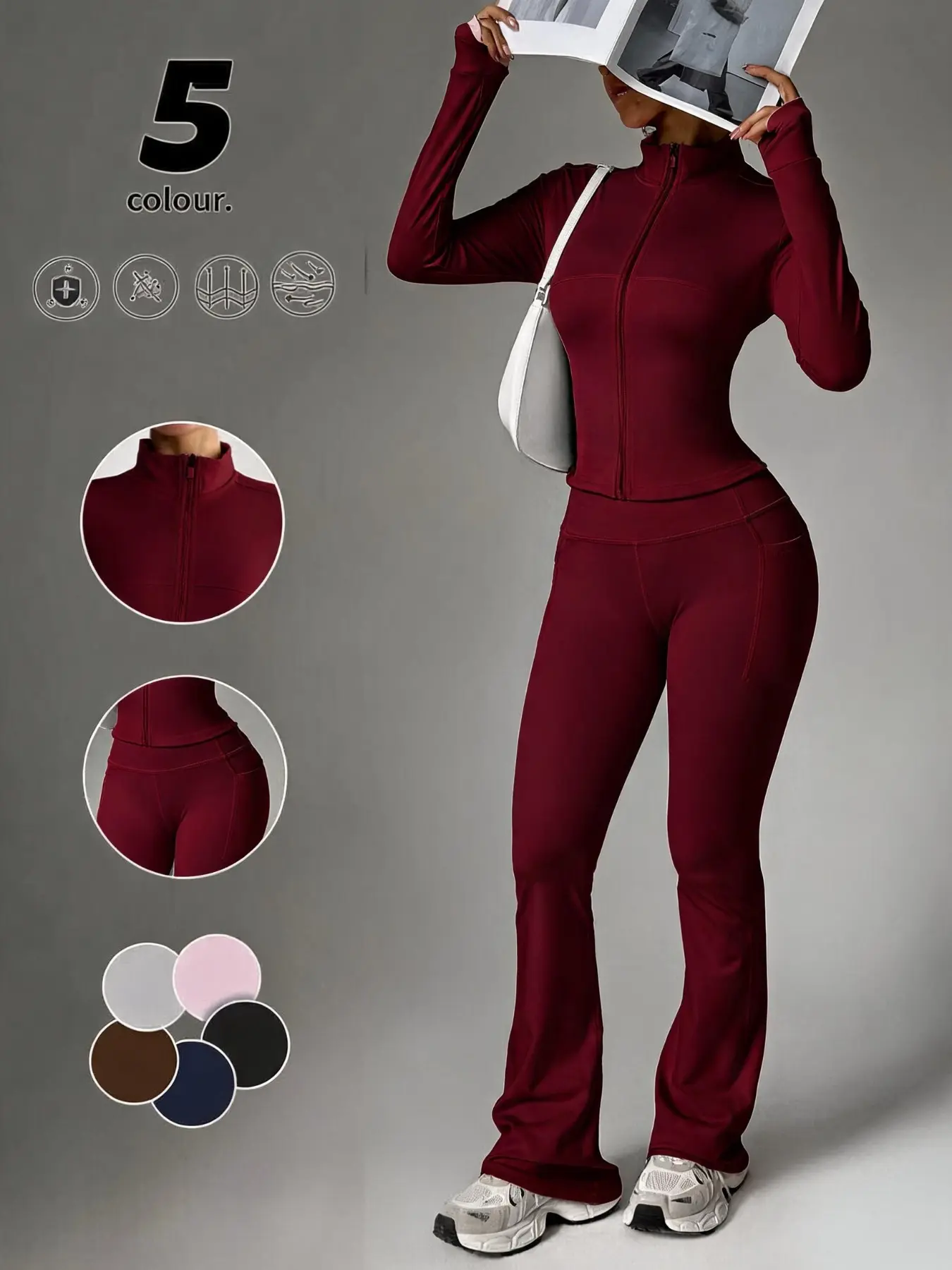 Women's Two-Piece Solid Color Zipper Jacket Sports Set, Thumbholes for Gym Workouts, Comfortable Activewear for Autumn and Winter, Casual Sporty Set