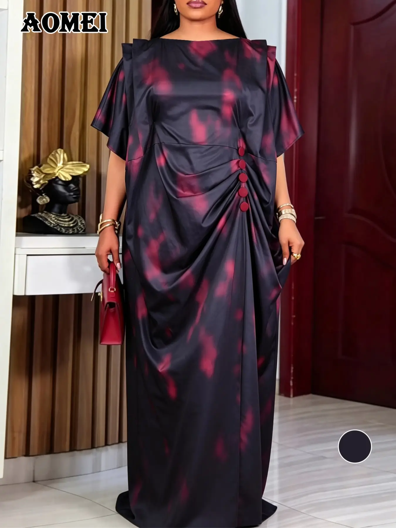 AOMEI Plus Size African Print Midi Dress, Summer Formal Wedding Guest Dress, Elegant Geometric Design, High Waist, Half Sleeve, Loose-Fit, Perfect for Weddings and Events