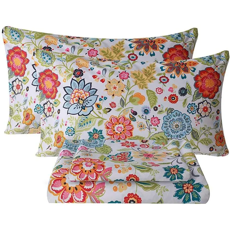 Queen Size 4-Piece Microfibre Sheet Set - Soft Breathable Green Floral, Multicolor, Purple Floral Bedding with Sheets, Fade-Resistant, Deformation-Resistant, Machine Washable, Low Dry