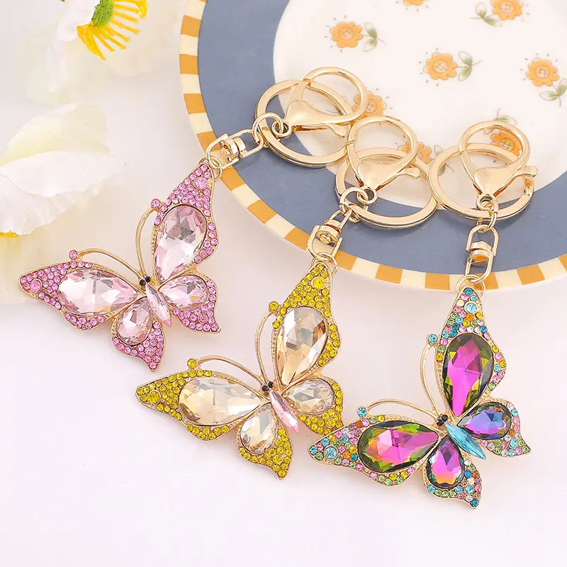 Women's Butterfly Keychain, Large Crystal Rhinestone Bag Charm, Casual Sparkling Nylon-Base Key Holder, Ideal Birthday Gift