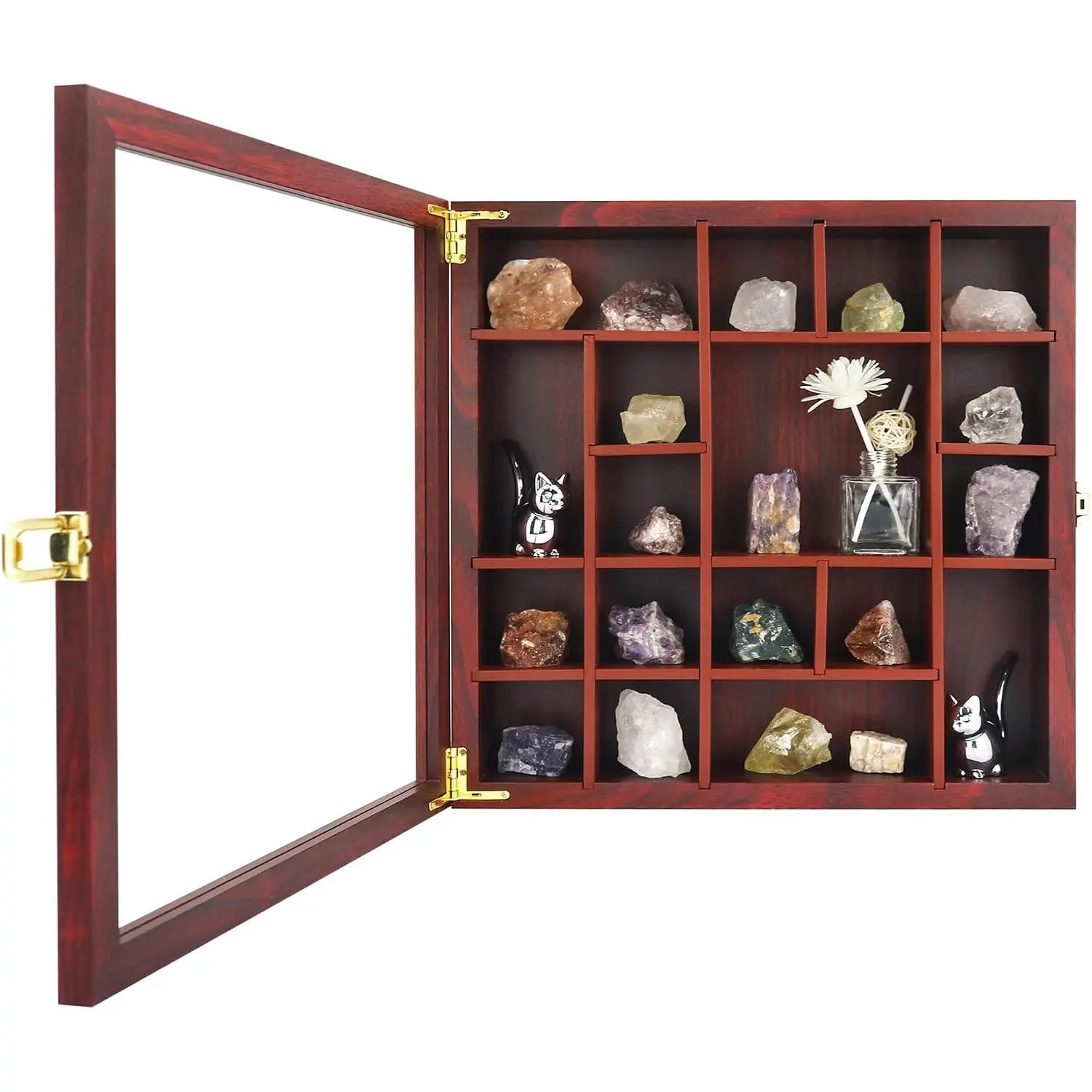 Rock Display Case Wall Mount Shadow Box with Shelves (Cherry) | 13.5x13.5 adjustable rock collection box, holds  fossils and seashells, geology  for adults and