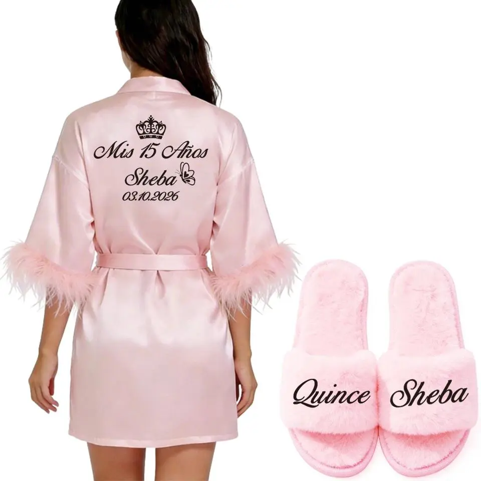 Personalized Name and Date Feather Robe Bride Bridesmaid Bathrobe Birthday Party Gown Add Any Text Robes