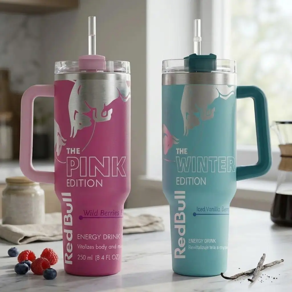 40oz Stainless Steel Tumbler - Pink, Blue, White Color Block, Double Wall Vacuum Insulated Portable Leak-Proof Drinkware with Handle & Straw, Ideal Beverage Flask for Birthday Gift Ideas, Flasks, Travel Mug