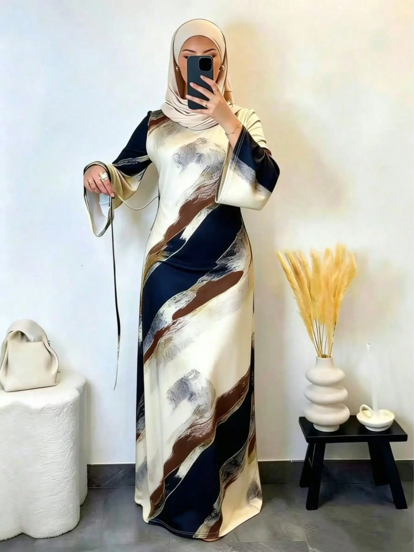 Vintage Abstract Print Arab Abaya Maxi Dress, Knit Fabric, Round Neck Unique Flared Sleeves, Modest Robe For Women Daily Banquet Vacation Wear