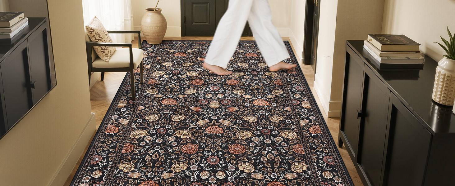 5x7 Brown Vintage Floral Boheme Area Rug, Low-Pile Washable Non-Slip Stain-Resistant Carpet for Living Room, Bedroom, Boheme Area Rugs