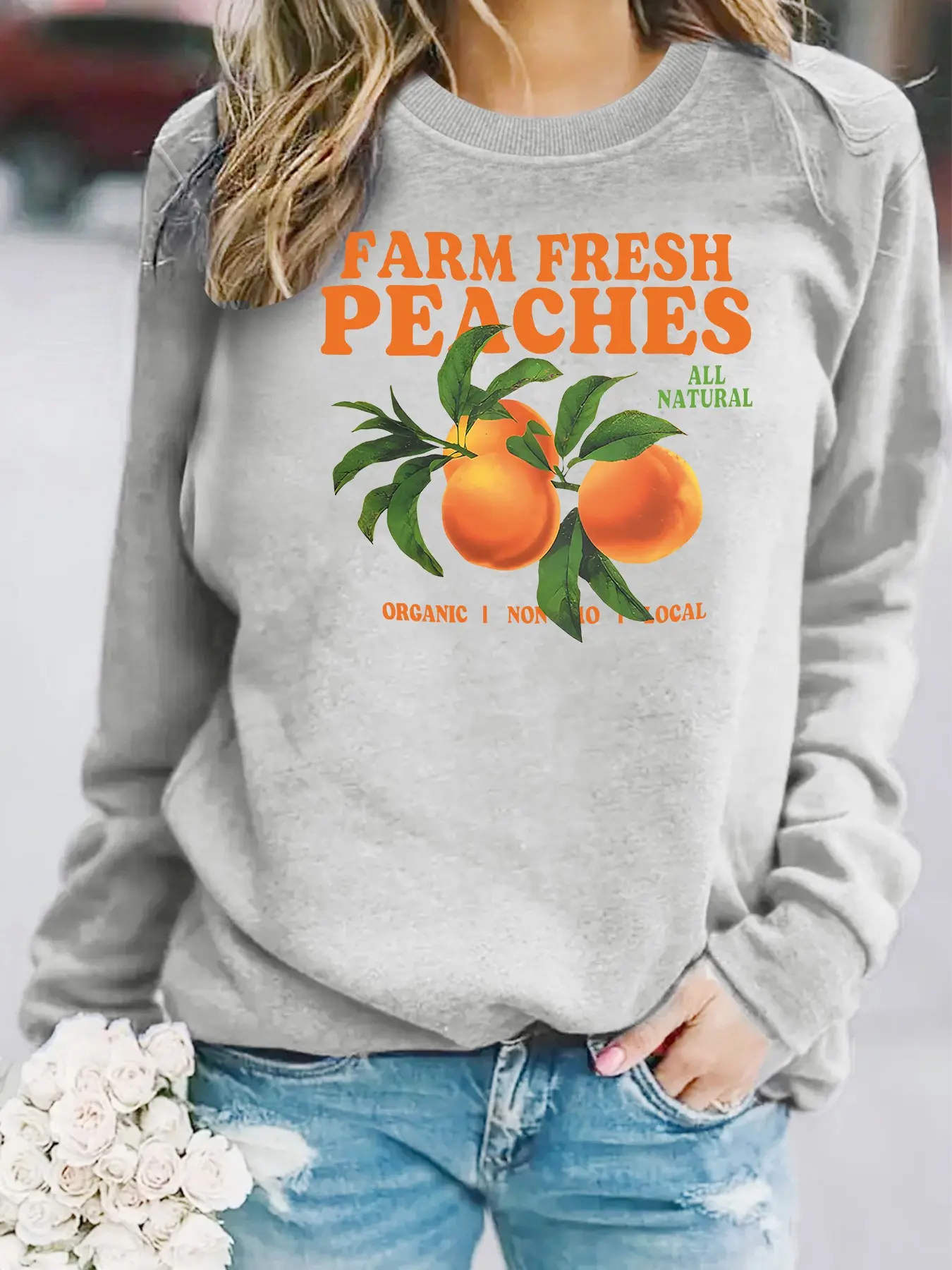 Women's Casual Round Neck Fleece Sweatshirt, Peach Pattern, Long Sleeve, Loose Fit, Fall & Winter, Comfortable Daily Wear