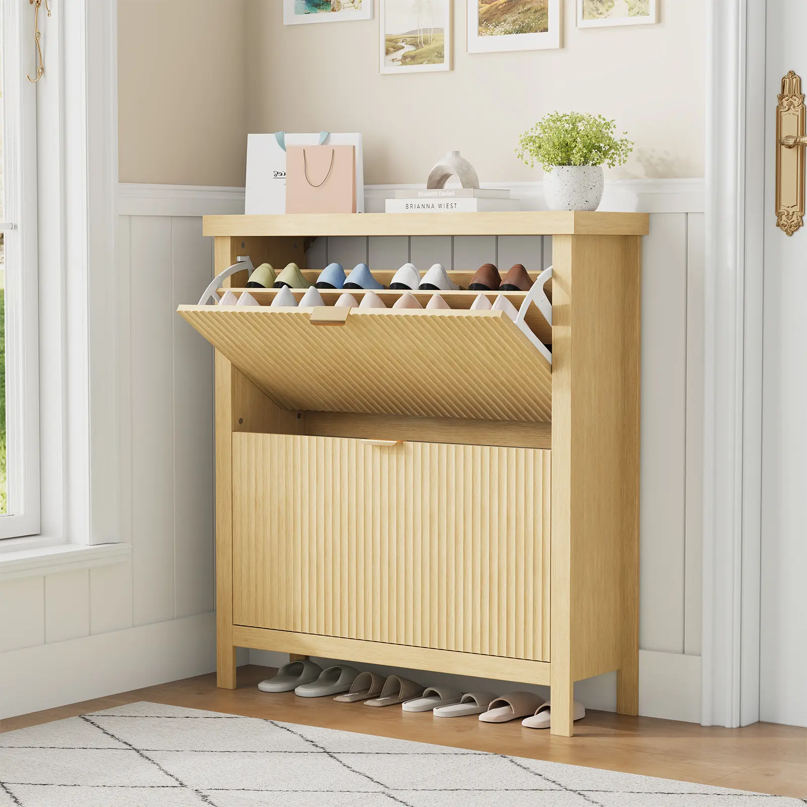 Fluted  Shoe Cabinet with 2 Flip Drawers | Wooden Shoe Rack Organizer | Narrow Entryway Shoe Cabinet for Small Space, Bedroom