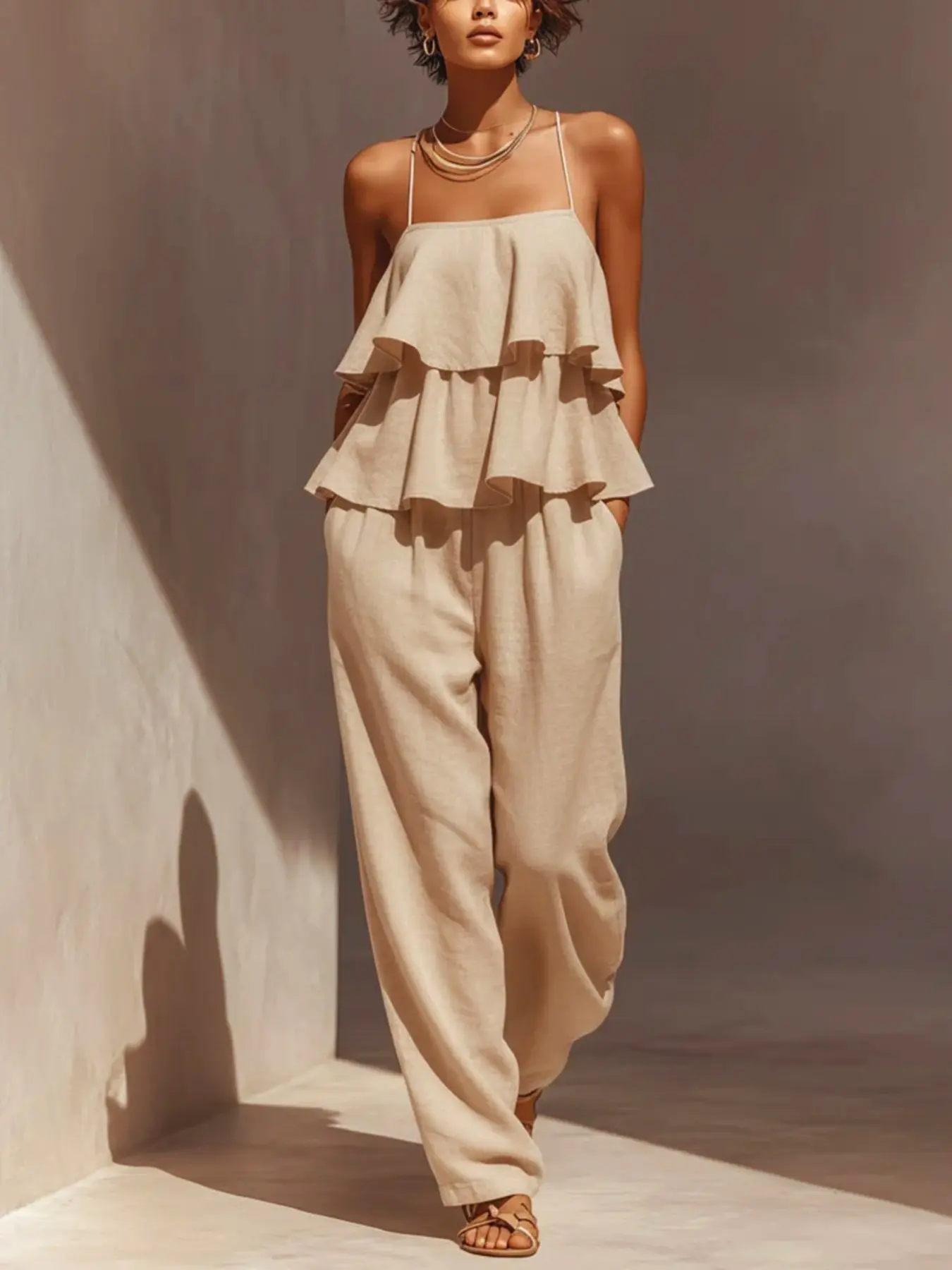 Elegant Women's Apricot Lazy Style Jumpsuit, Square Neck Ruffle Back Halter Top, Elastic Waist Straight Leg Pants, Casual for All Seasons