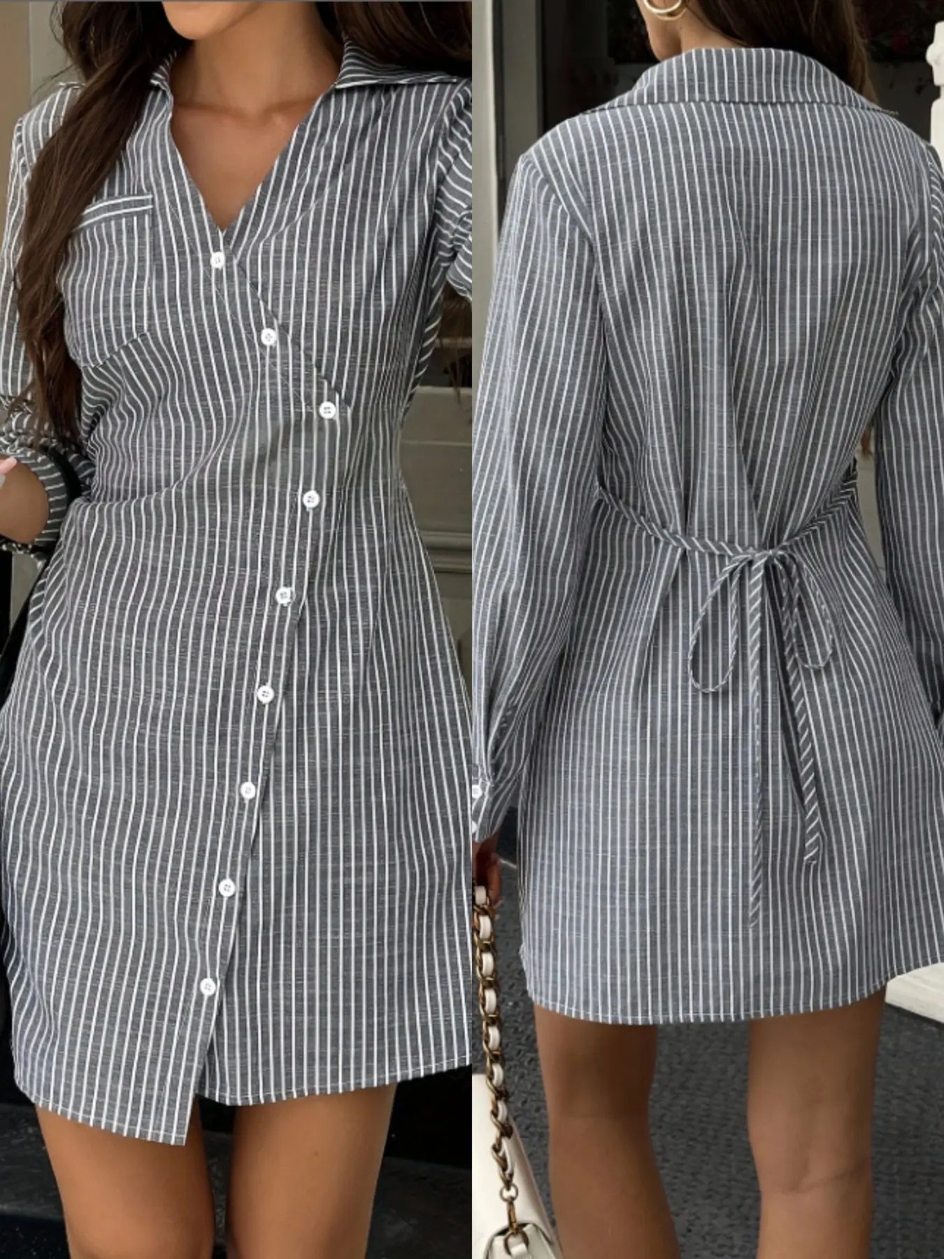 Women's Fashion Business Casual, Teacher Clothing, A-Line Striped Button Dress, Waist Cinched Mini Dress, Leisure Commute Wear