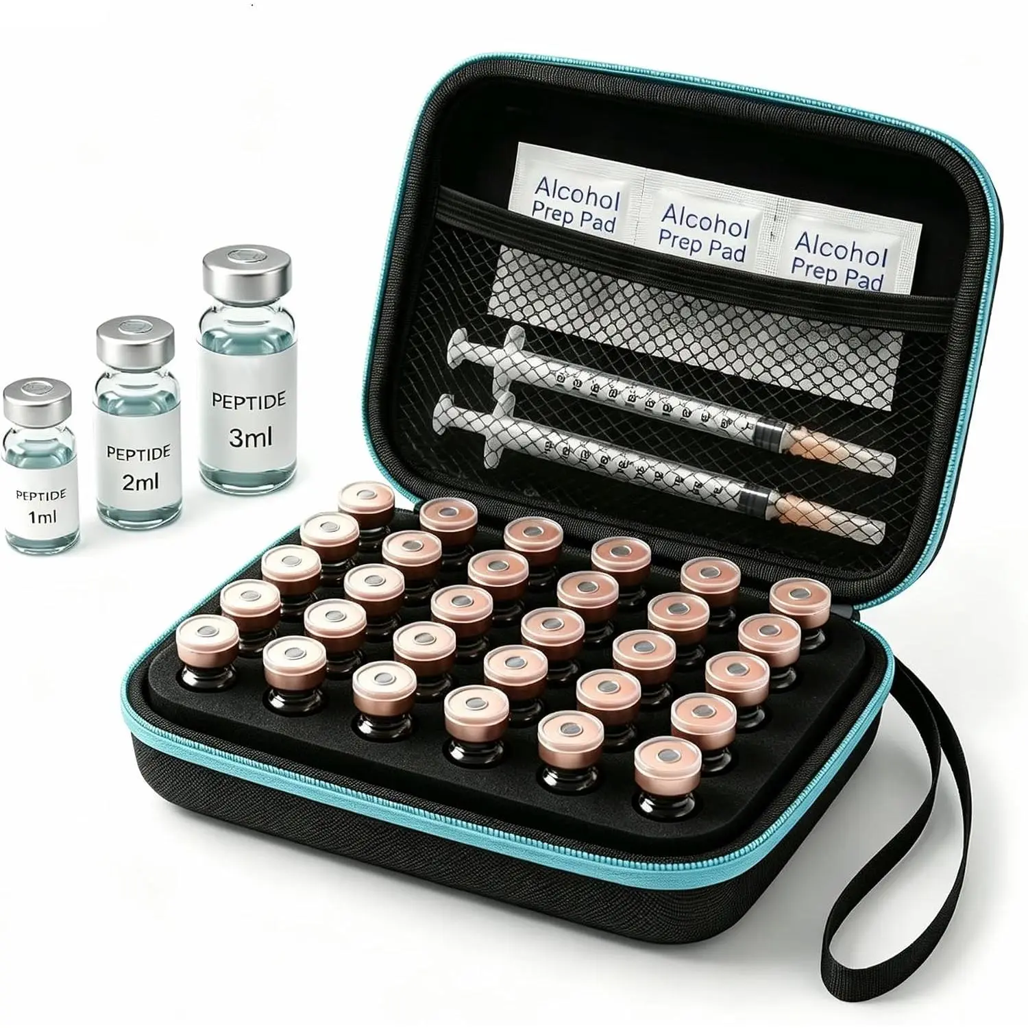 30-Slot Hard Shell Travel Case, Portable Protector & Zipper Organizer for 1-3ml Peptide/Insulin Containers, Suitable for Travel & Fridge Storage