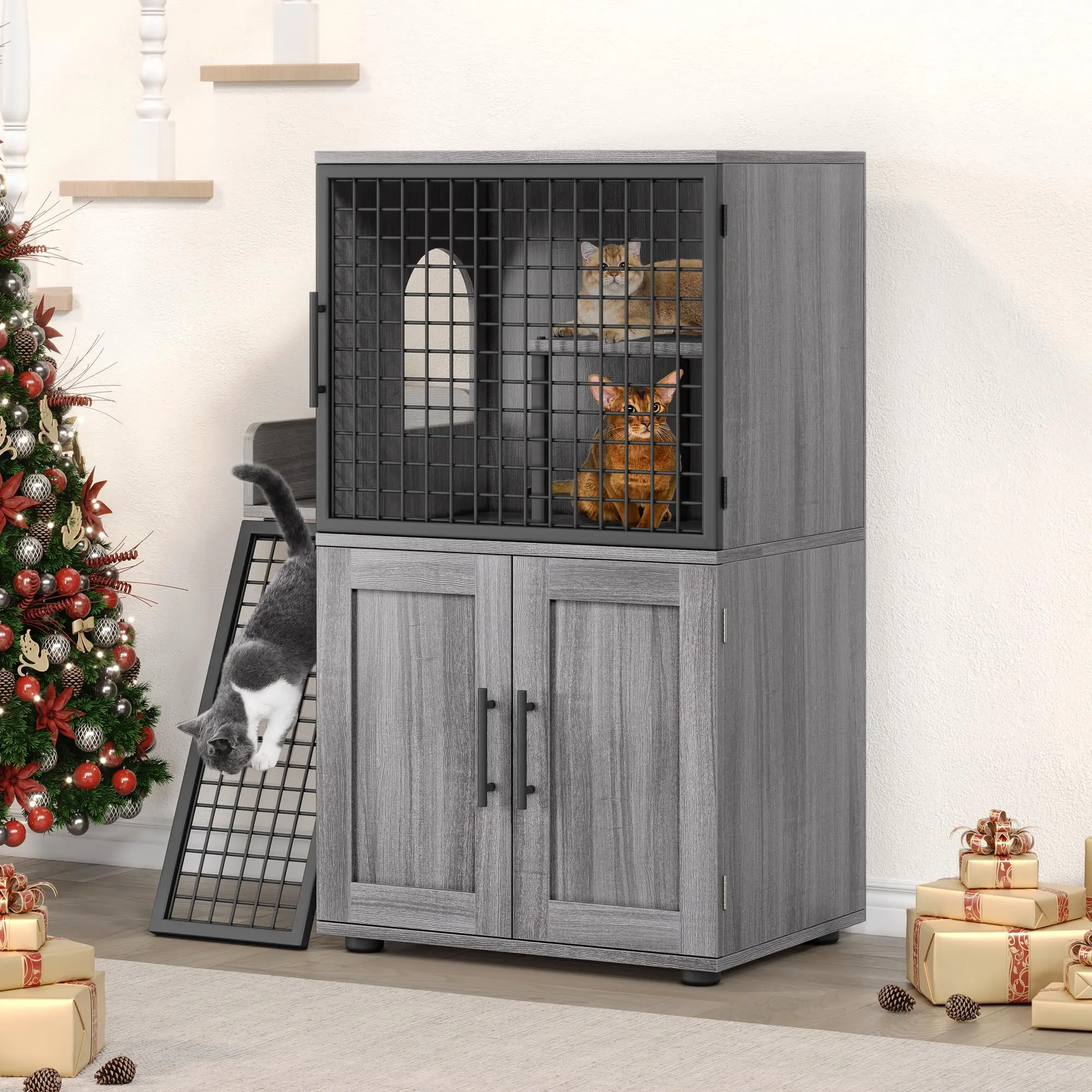 GARVEEModern Villa Cat Litter Box Enclosure + Hidden Furniture + Double Layer + MDF & Iron + Ladder & Ventilation + Indoor Use
