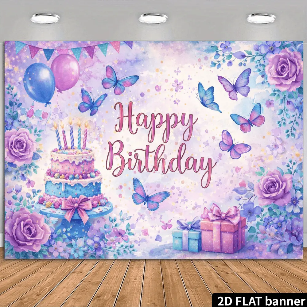 2D Flat Banner HD digitally printed polyester photography backdrop, purple rose and butterfly birthday cake themed background cloth, suitable for birthday party photos, studio portraits, product photography, video content creation
