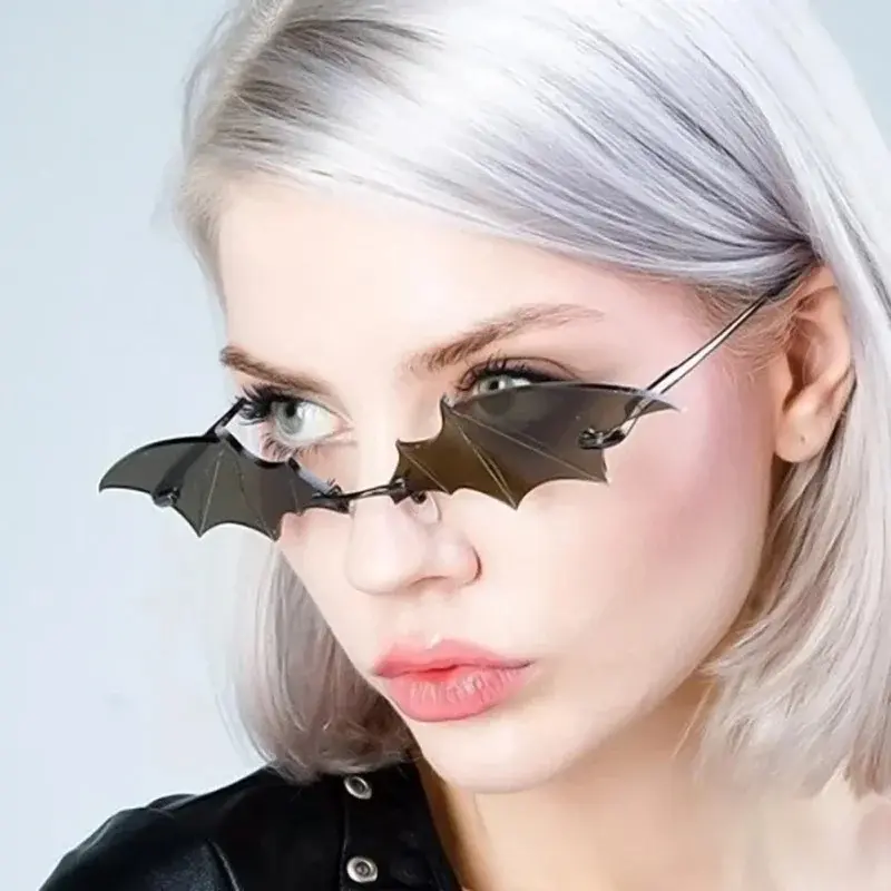 Fashionable Frameless Men's Sunglasses Women's Trendy Bat-Shaped Sunglasses Unisex Retro Black Mirror Metal Sunglasses