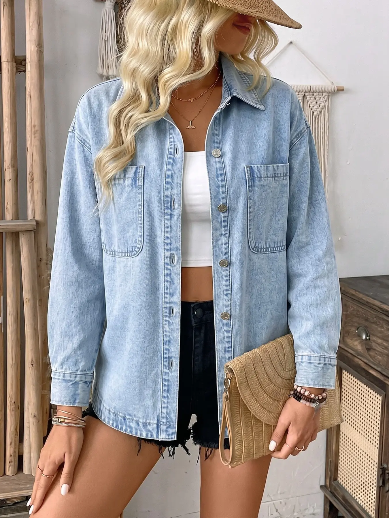 Women's Light Wash Oversized Denim Shacket, Long Sleeve Button-Front Shirt Jacket with Frayed Hem & Patch Pockets, Casual Chic for Brunch, Office, Weekends