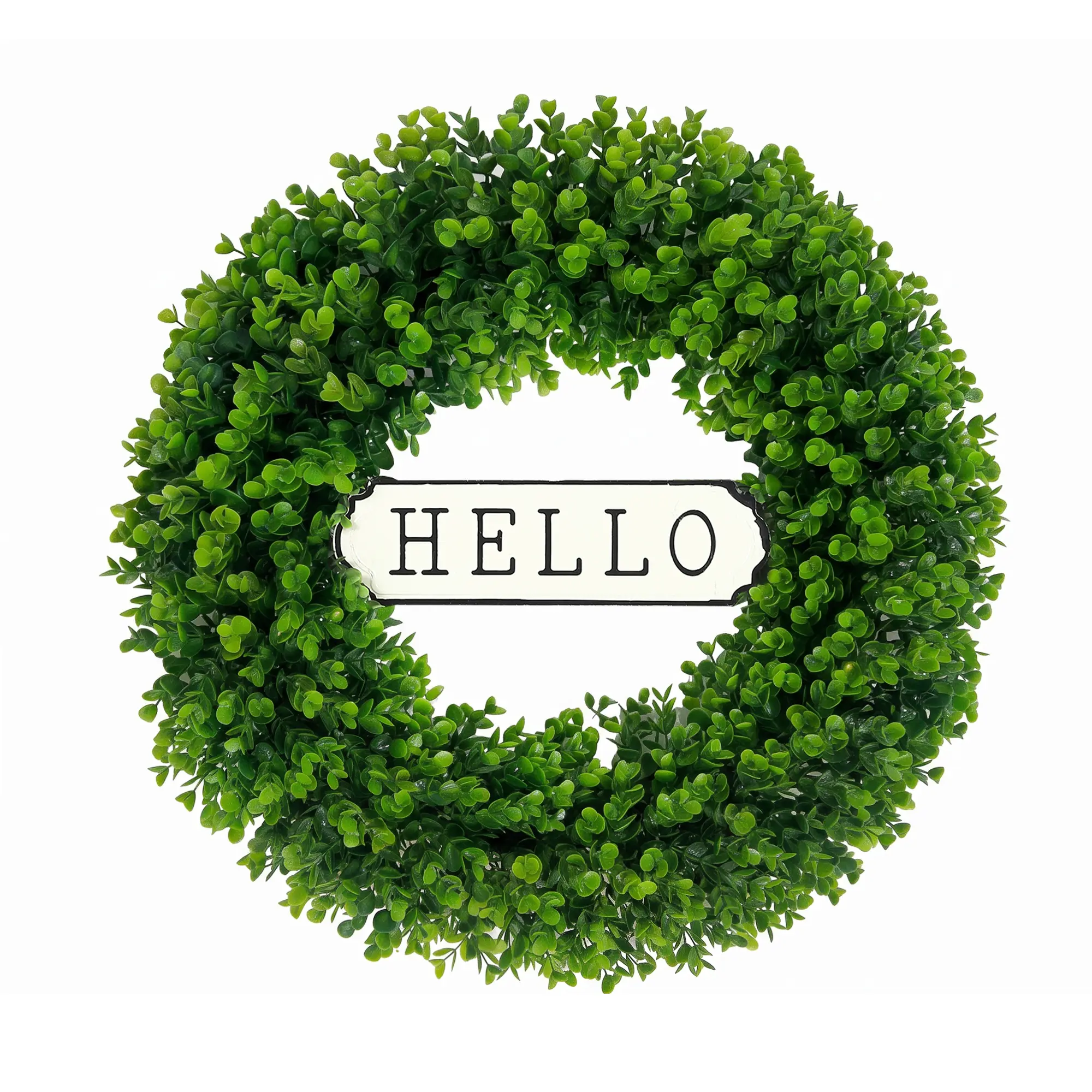 24-Inch Artificial Eucalyptus Wreath with Hello Iron Sign, White Ribbon for Front Door, Wall, Entryway Decor - Modern Farmhouse Year-Round Hanging Home Festive Decoration