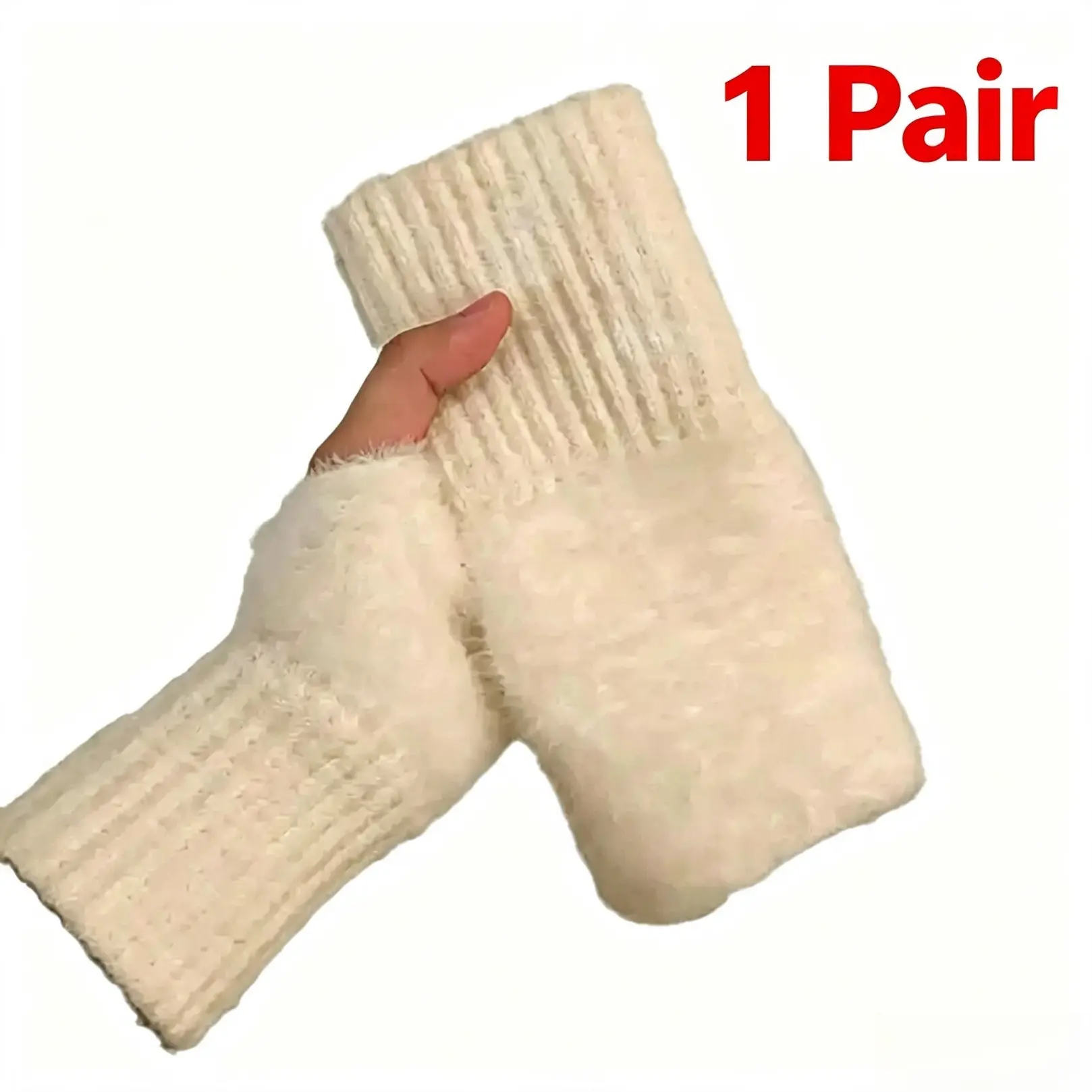 Solid Color Plush Knit Fingerless Gloves, Soft Thermal Warm Half Finger Hand Cuffs, Elastic Ribbed Wrist Warmers For Women Girls Winter Daily Driving Outdoor Casual Use
