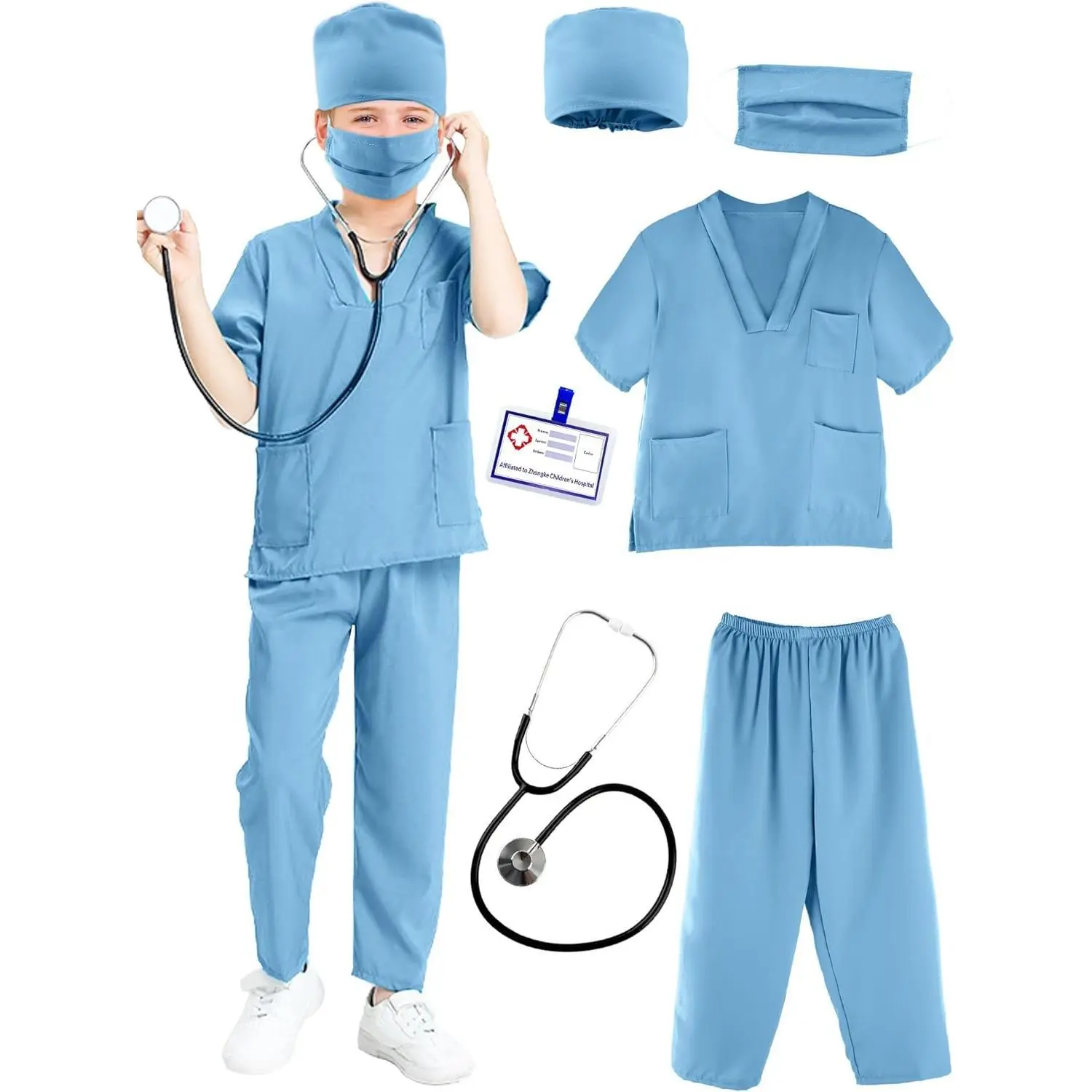 Kids Doctor Costume Set - Surgical Scrubs, T-Shirt, Pants, Mask for Boys & Girls Role Play, Halloween Cosplay (Toys & Hobbies Educational Dress-Up Uniform)