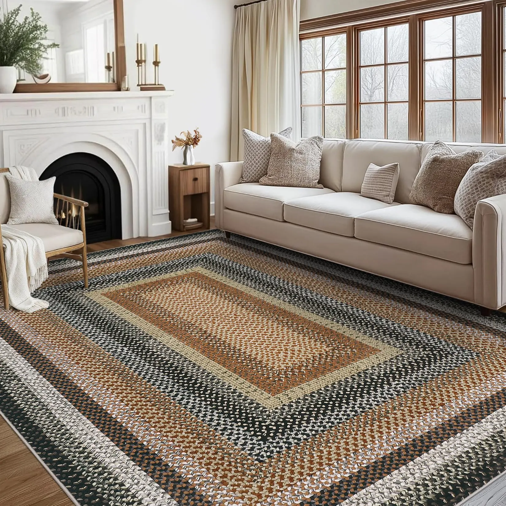 Garvee Rug for Living Room 8x10 Washable Rug Modern Braided Print Area Rugs Non Slip Stain Resistant Floor Covering Non Shedding Low Pile Bordered Mats for Bedroom, Dining Room, Orange/Green
