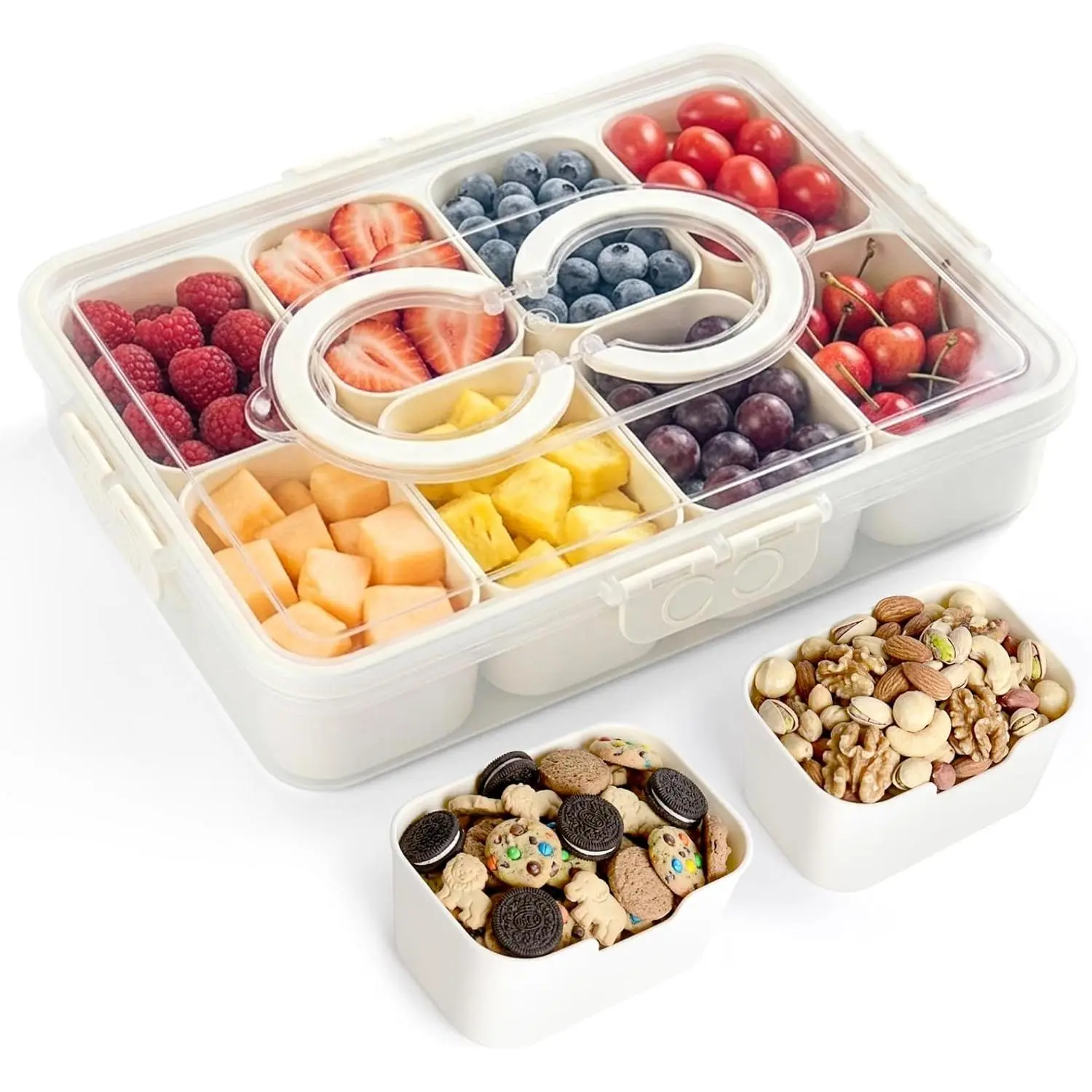 Portable 8 Compartments Clear Snackle Box Container 1 Pack Travel Organizer with Lid & Handle for Candy & Nuts Dishwasher Safe