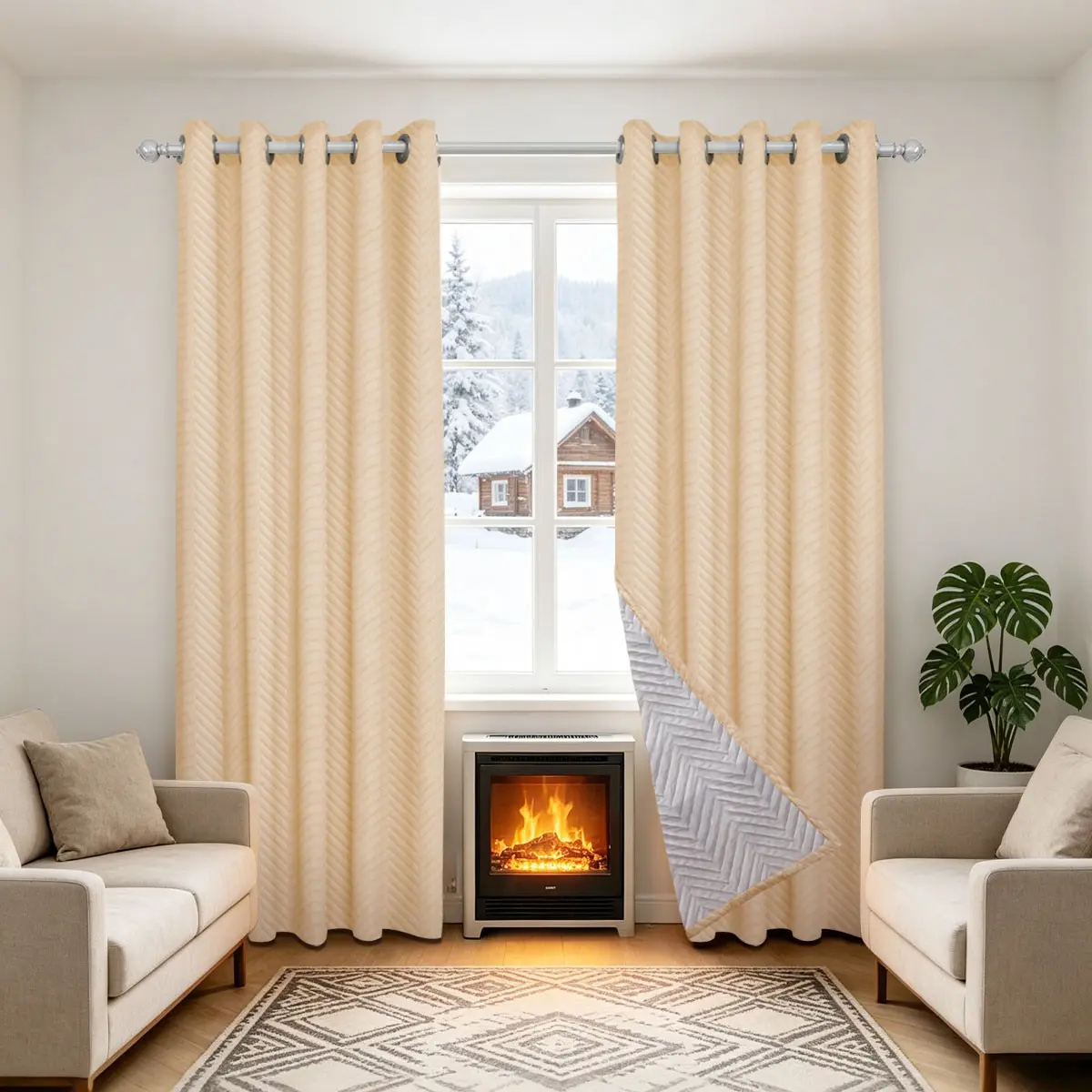 2pcs Solid Herringbone Cotton Pierced Curtains, Cream Wood Japanese Style, High Light Block Insulation, Thermal Insulated Curtains, Living Room Master Bedroom Window Drapes, Dual Color Options