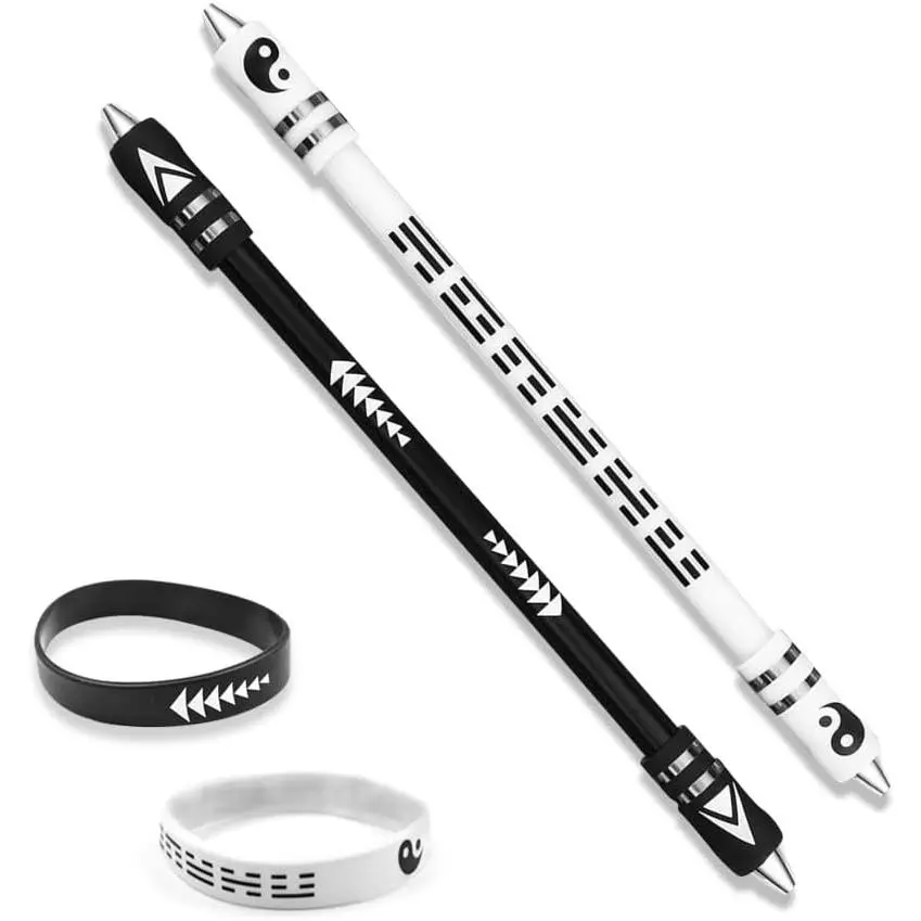 2 Colors Pen Spinning Set, Metal Heads Gaming Finger Pen, No Refill | Spinning Pen With  Bracelet Black & White, 8.5In Weighted Rotating Ballpoint for Student Adults
