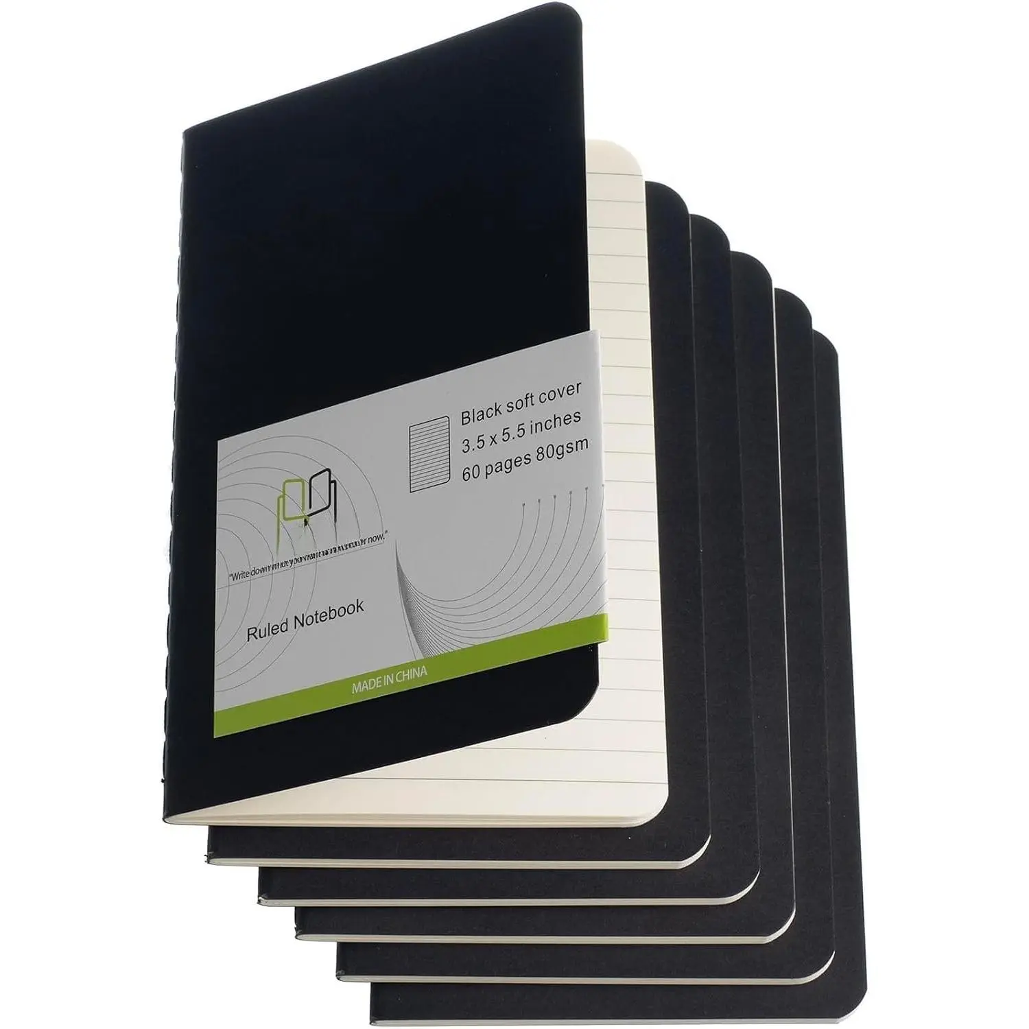 6 Pack Lined Mini Pocket Notebooks, 3.5x5.5 in, Black Cardstock Cover, 60 Lined Pages, Office Stationery for Travel Users, School Daily Notes & Sketching
