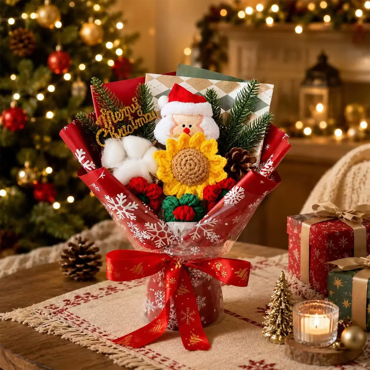 Handmade Christmas Crochet Bouquet, Cute Santa Holiday Gift, Festive Home Decor, Perfect for Women, Girls, Family & Friends