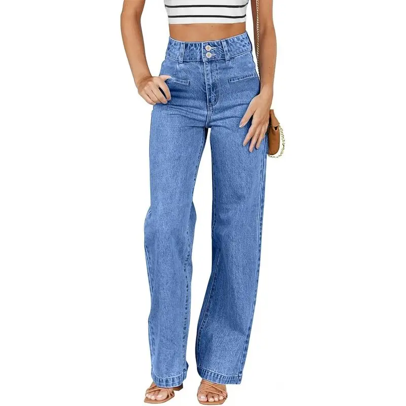 Women's High-Waisted Stretchy Denim Pants, Straight-Leg Loose Design with Pockets, Zimbaplatinum Style for Festive & Party Outfits