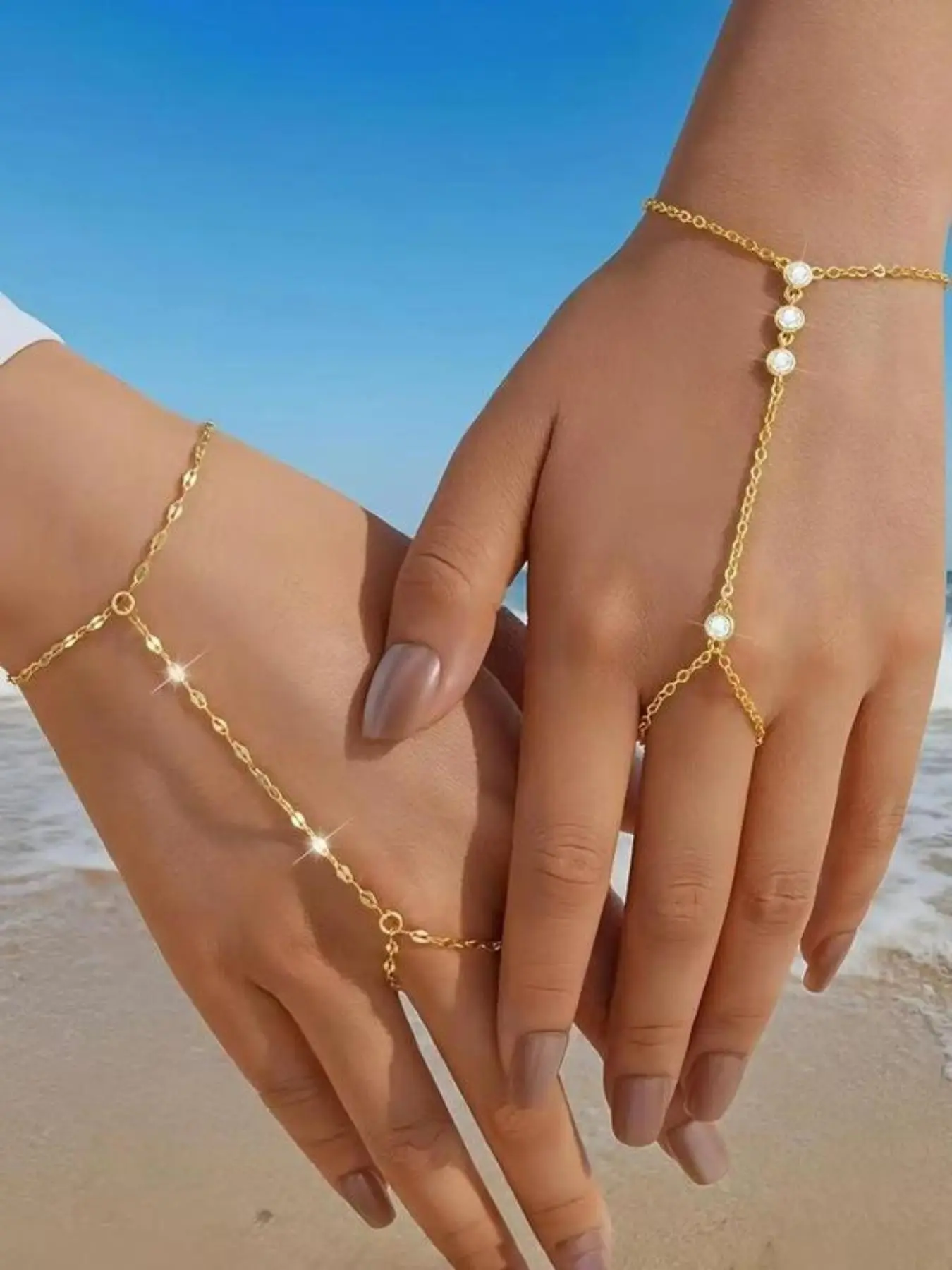 2 Piece Set Ring and Finger Chain Bracelet, Casual All-Season Jewelry, Resin Material, Chain Print Design, Versatile Accessory