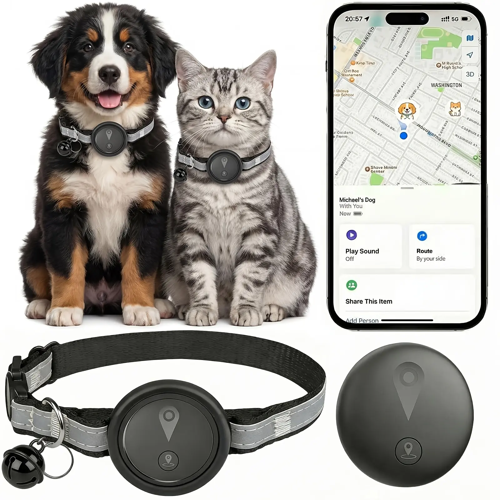Pet GPS Tracker for Cats & Dogs - Real-Time Track, No Monthly Fees, Fits iOS "Find My" Function, Adjustable Activity Tracker with 360-Degree Reflective Band, Suitable for Small/Medium/Large Pets