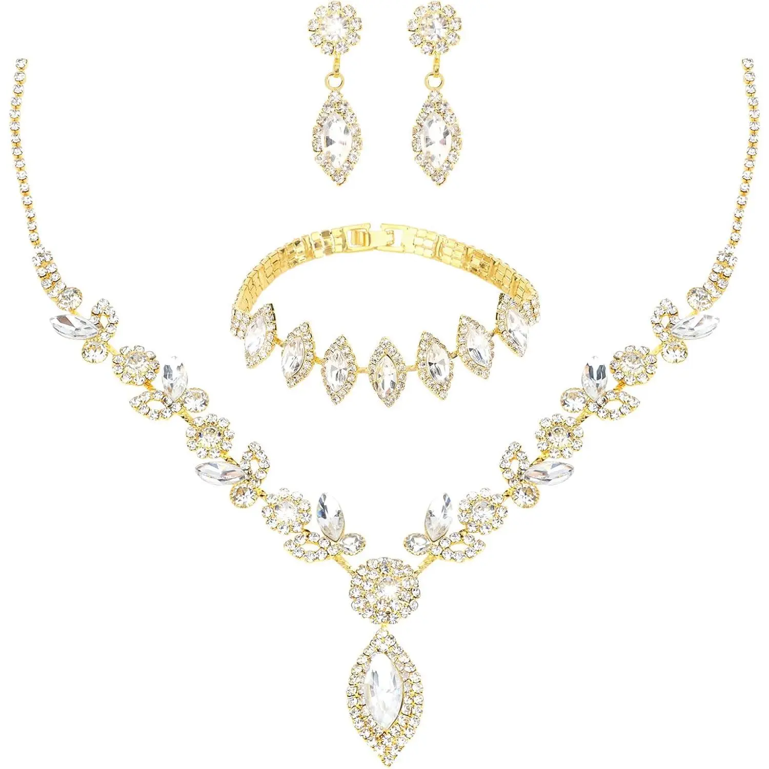 Bridal  Set for Wedding Prom  Set for Women Sparkly Rhinestone Necklace Earrings Bracelet Sets for Bride Bridesmaid Quinceanera Costume Accessories