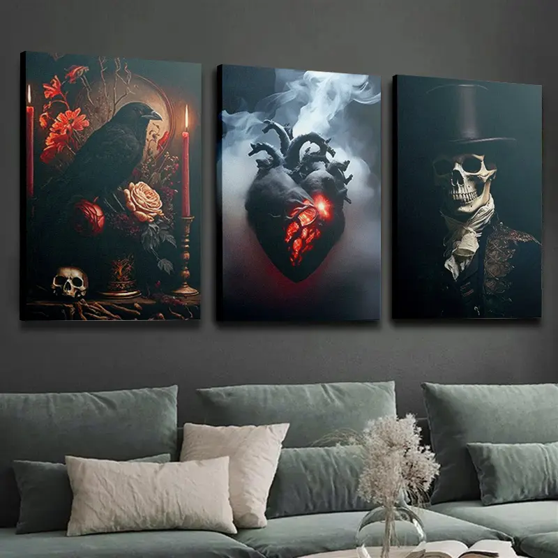 Romantic Wall Decor: 3 Gothic Style Wall Paintings |   Home Decor, Skull Poster, Halloween Black Crow Wall Art, Quirky Art Print, Suitable for Dark Floral Aesthetics in Bedroom, Framed