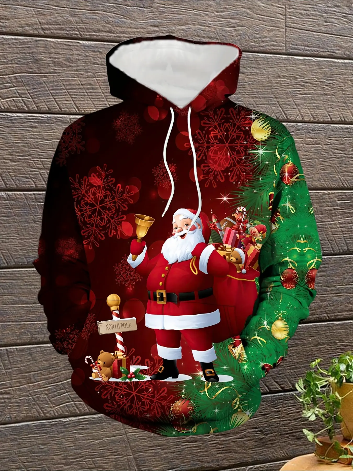 Men's Santa Claus Print Hoodie - A festive long-sleeved pullover with hoods, featuring holly berries and snowflake patterns. Machine washable. Suitable for spring and autumn. Men's Christmas attire.