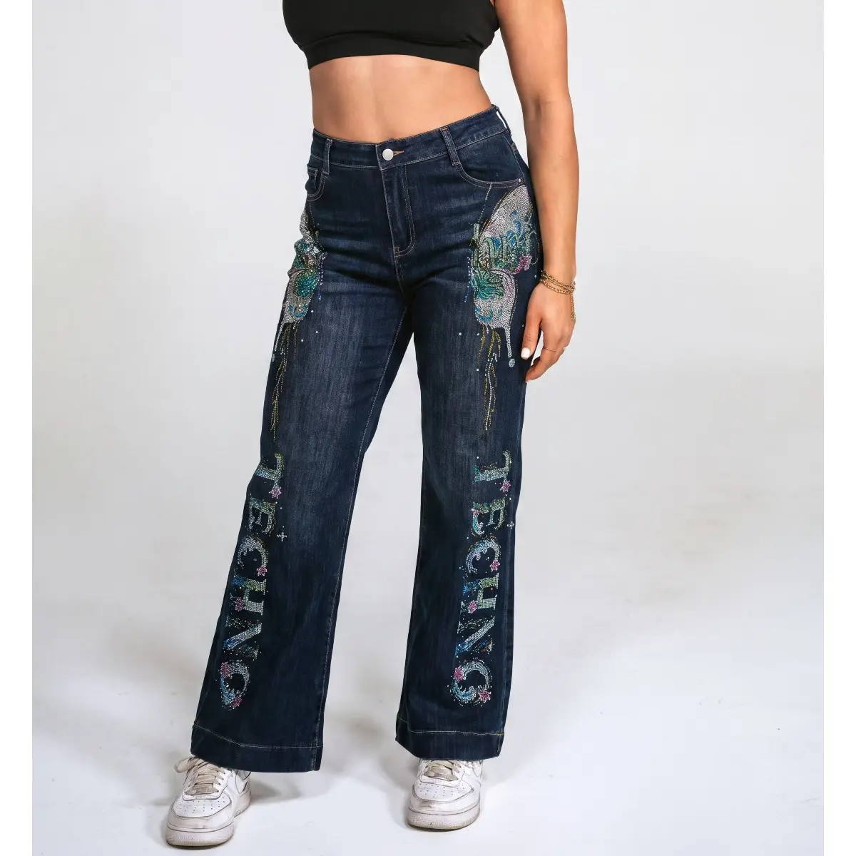 [TCH - K] Fairycore Rhinestone Butterfly Techno High Waist Flare Jeans - 2026 Y2K/Cybergoth Aesthetic, Festival Rave Fashion