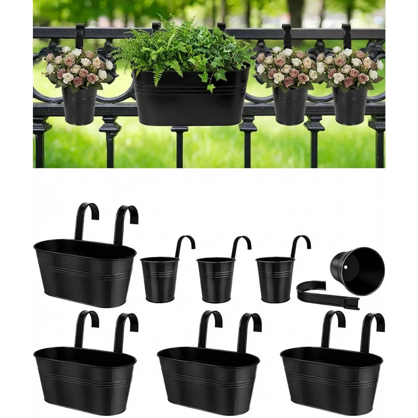8 Pcs Metal Railing Planters Set, 10.8" Oval & 3.9" Round Hanging Flower Pots with Detachable Hooks, Black Fence Planter Baskets for Outdoor Plants, Herbs & Succulents, Garden Decor