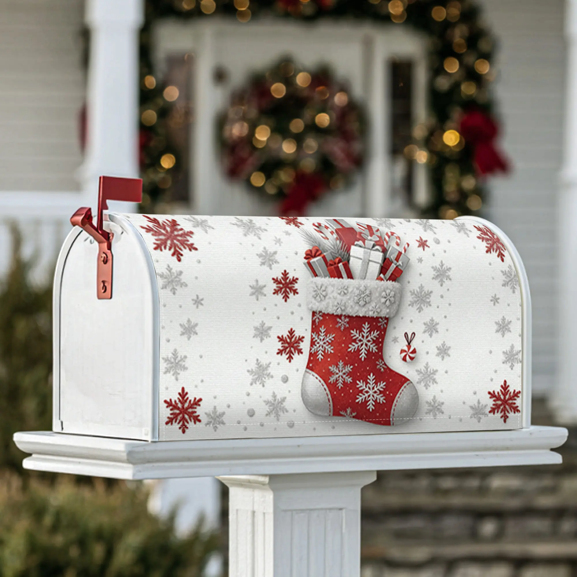 stocking Magnetic Mailbox Covers, Christmas festive snowflakes presents Christmas red Seasonal Mailbox Cover for Front Porch Decor