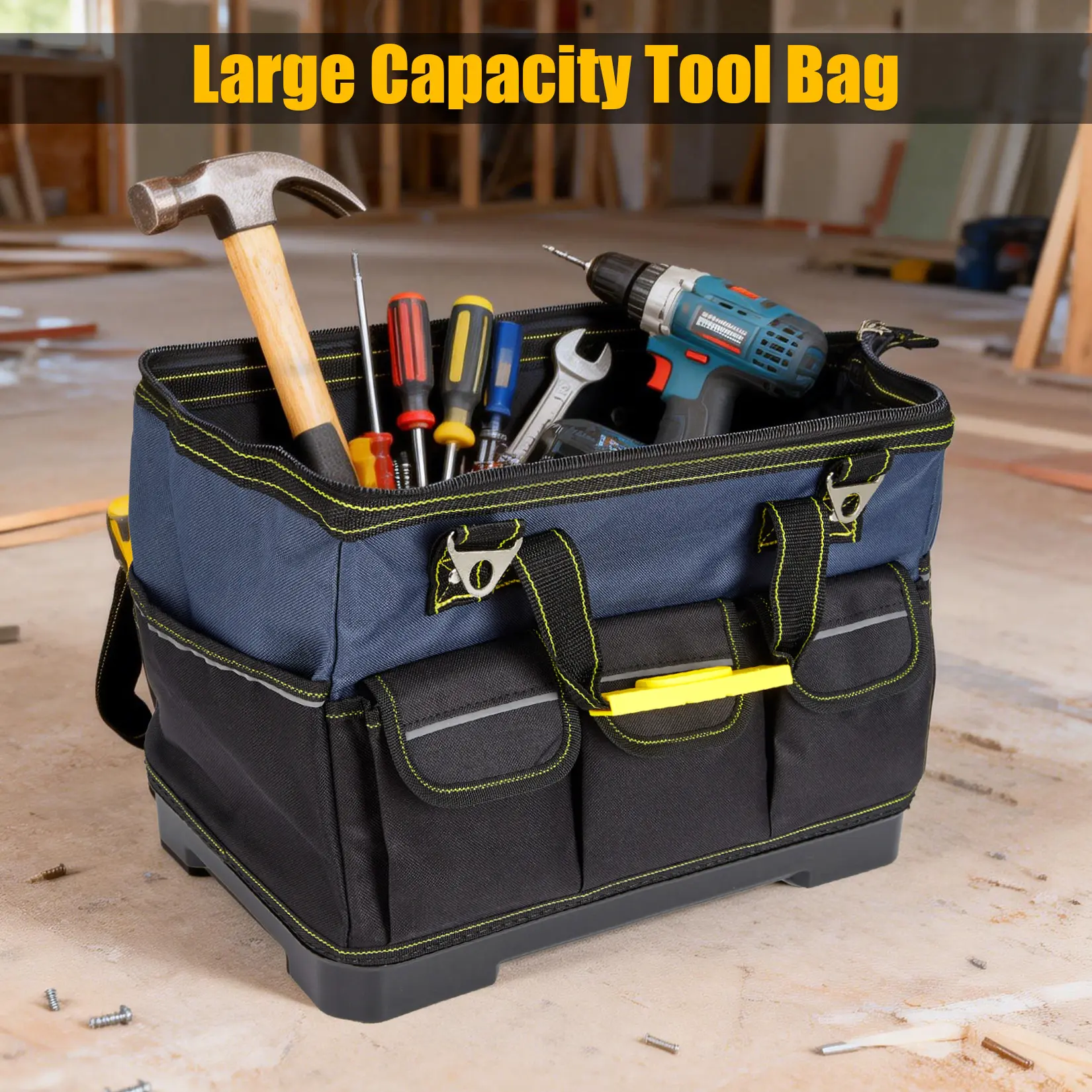 19 Inch Tool Bag for Mechanics, Large Wide Mouth Oxford Tote - Waterproof Molded Base - Adjustable Strap - Canvas Tool Storage Organizer