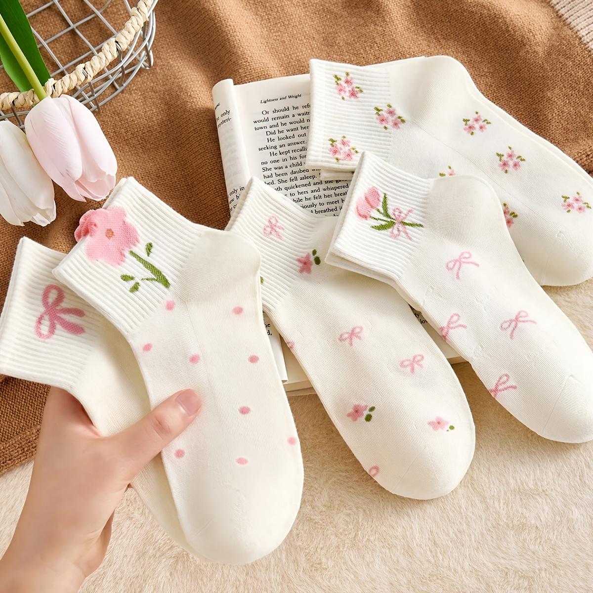 Girls' Floral Mid-Calf Socks, 5 Pairs - Solid-Color Casual Daily Wear Socks
