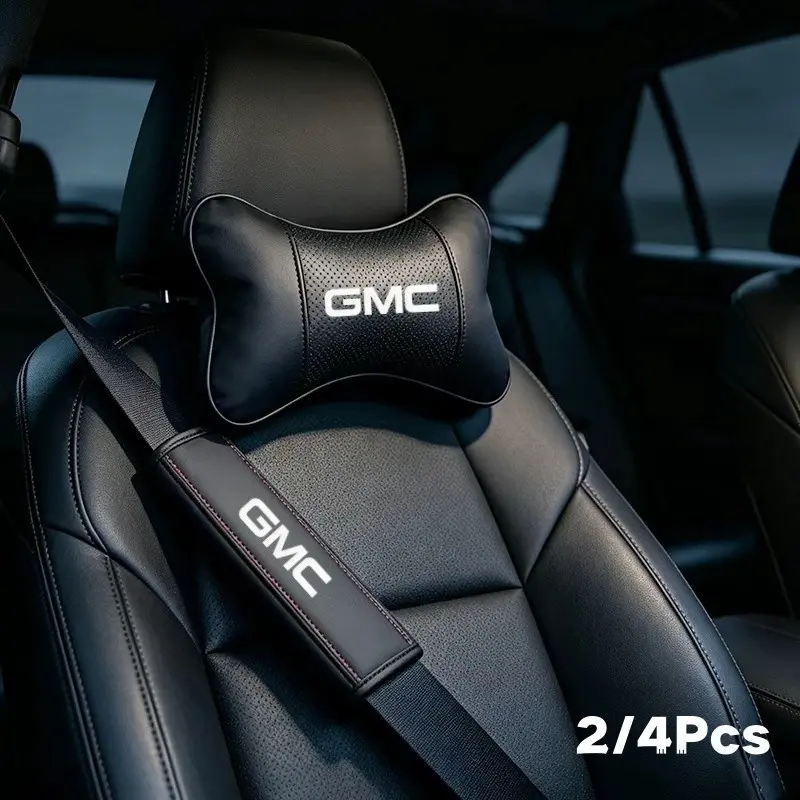 2/4pcs PU Leather Car Headrest Set Cushion, Neck Pillow Seat Cover, Seat Belt Shoulder Pads, Gmc Compatible, Car Interior Accessories