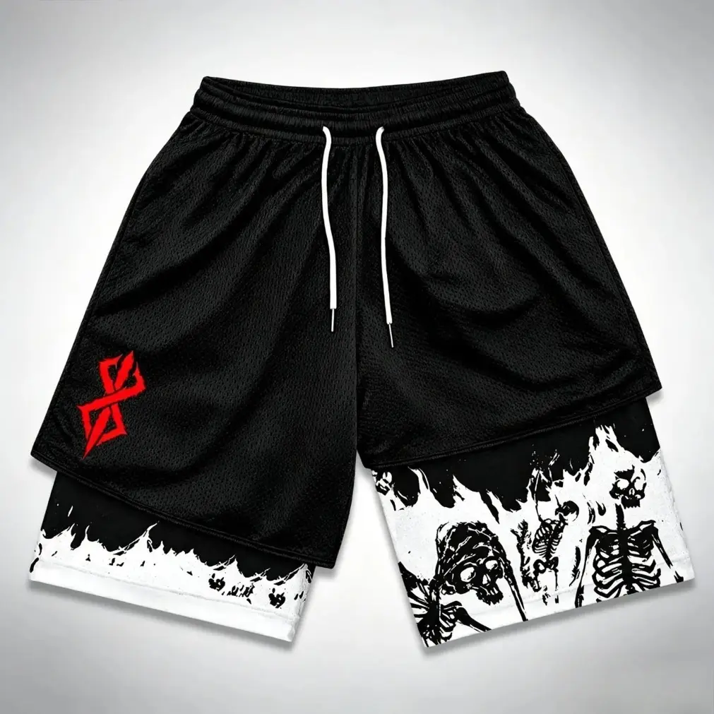 Anime Inspired 2 in 1 Running Shorts – Unisex Quick Dry Dual Layer Athletic Shorts, Black Streetwear Y2K Gym Workout Shorts, Compression Liner Summer Sportswear for Men & Women