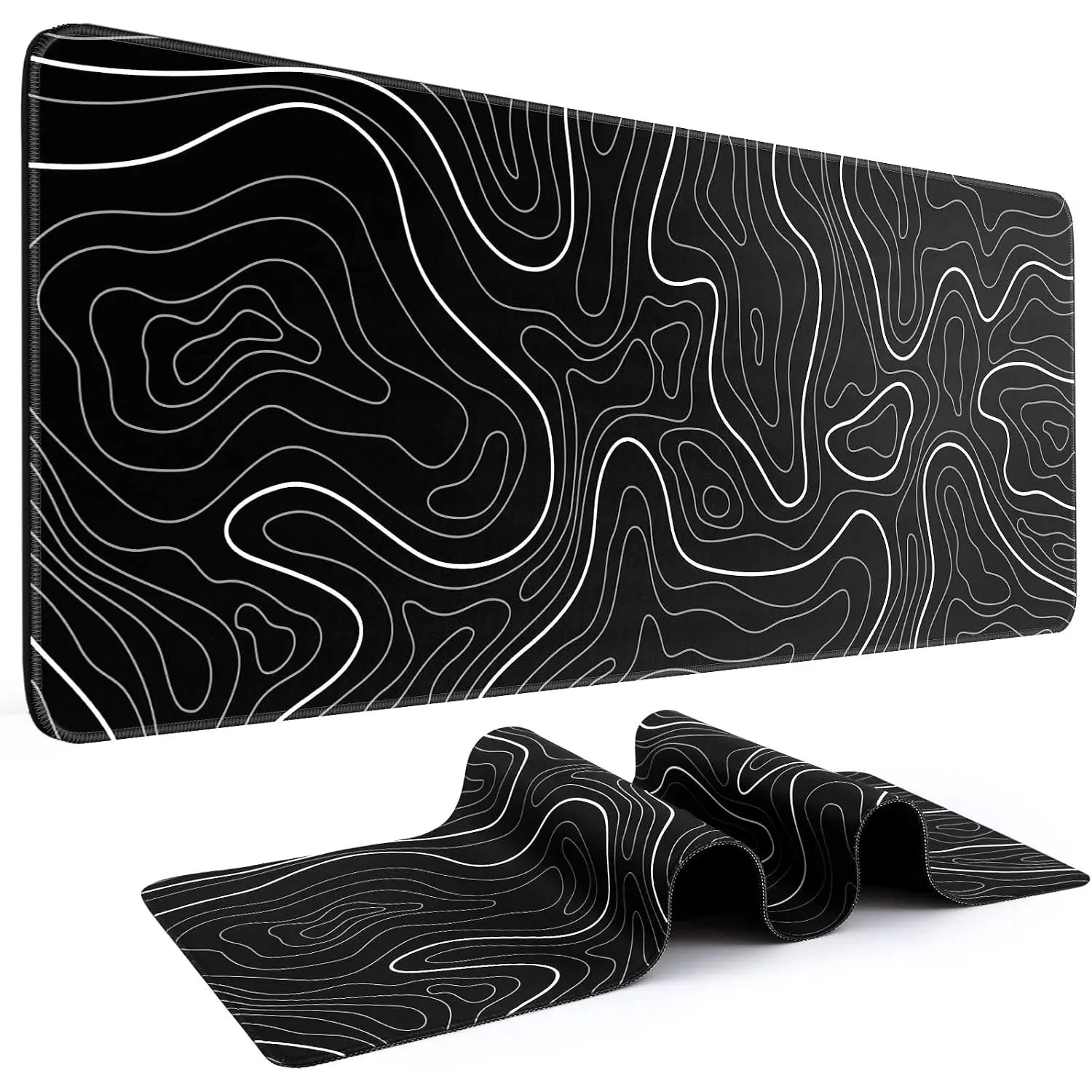 Gaming  Pad, Black with White Topographic Line, 31.5x11.8in | XL  mat, Smooth surface, Anti-slip rubber base, For keyboard and , For  and office use
