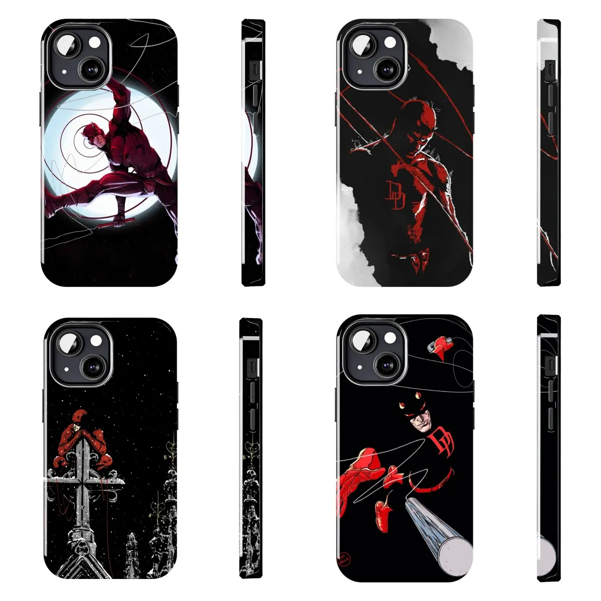 Daredevil Superhero iPhone Case – Dark cinematic style, featuring the masked hero in a red suit striking a dynamic pose on a rooftop. This case offers shock protection; compatible with iPhone 11–17 Pro Max/Plus series and Samsung Galaxy S23–S25 series.