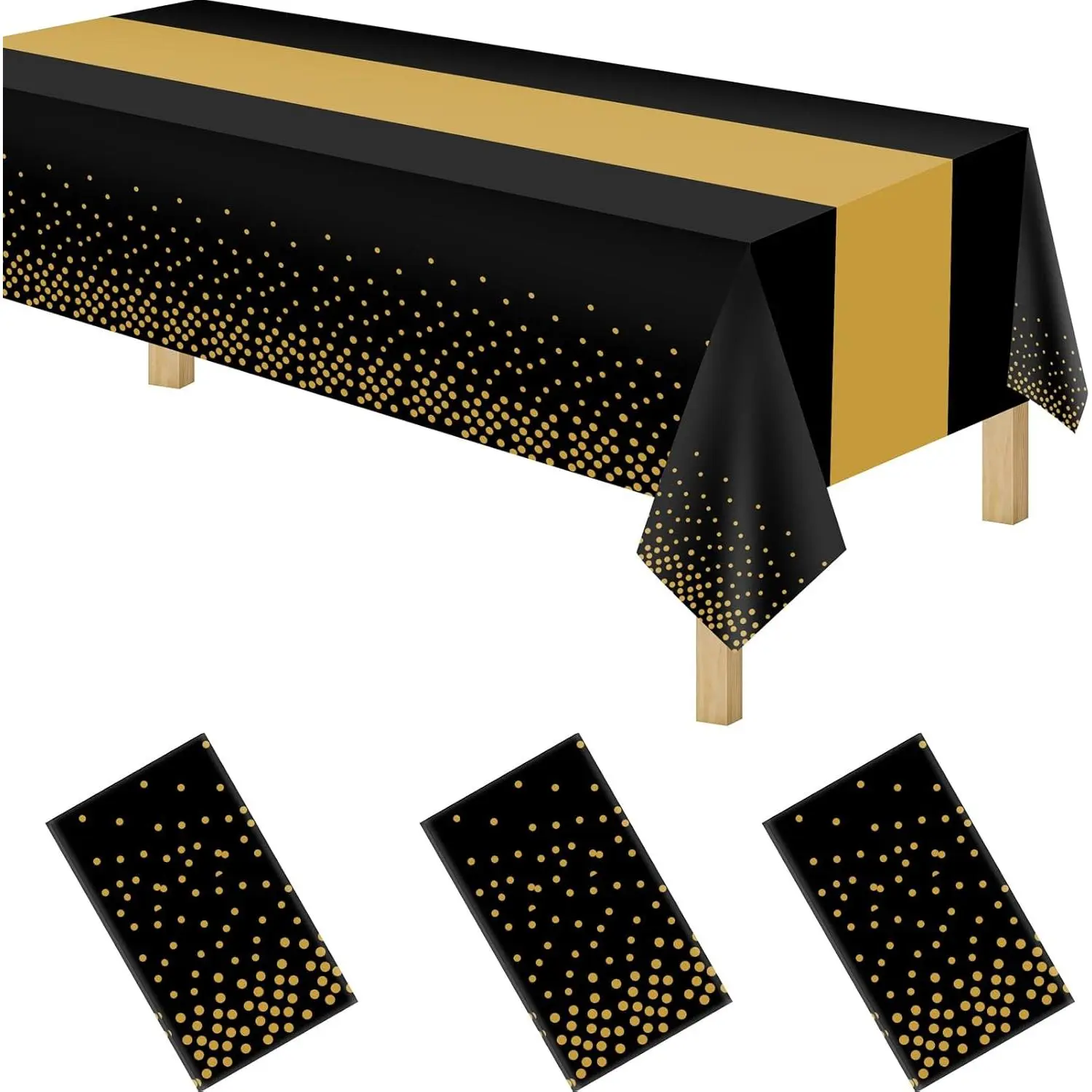 Thick 3-Pack 2-in-1 Disposable Plastic Tablecloths - 54in x 108in Black & Gold Dot Rectangle Table Linens, Kitchen Accessory for Birthday, Wedding, Thanksgiving Events