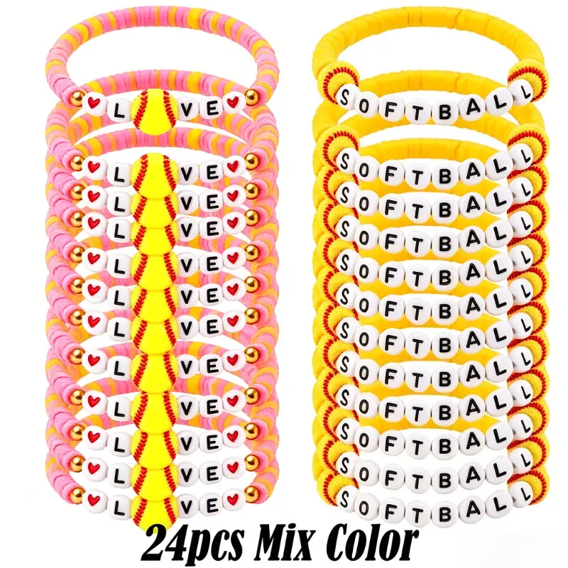 24Pcs Softball Charm Bracelet Set for Her Him, Bulk Sports Team Gift, Novelty Letter Clay Beaded Stretch Bracelets, Sports Jewelry for Player Coach, Game Day Party Favors