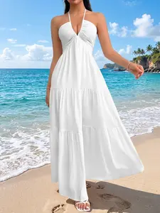 Halter-Neck V-Neck Maxi Dress with Back Tie, Pleated Tiered Flared Cake-Style, Flattering Casual Long Beach Dress, 6 Colors, Sizes S–xxl, Casual Wear